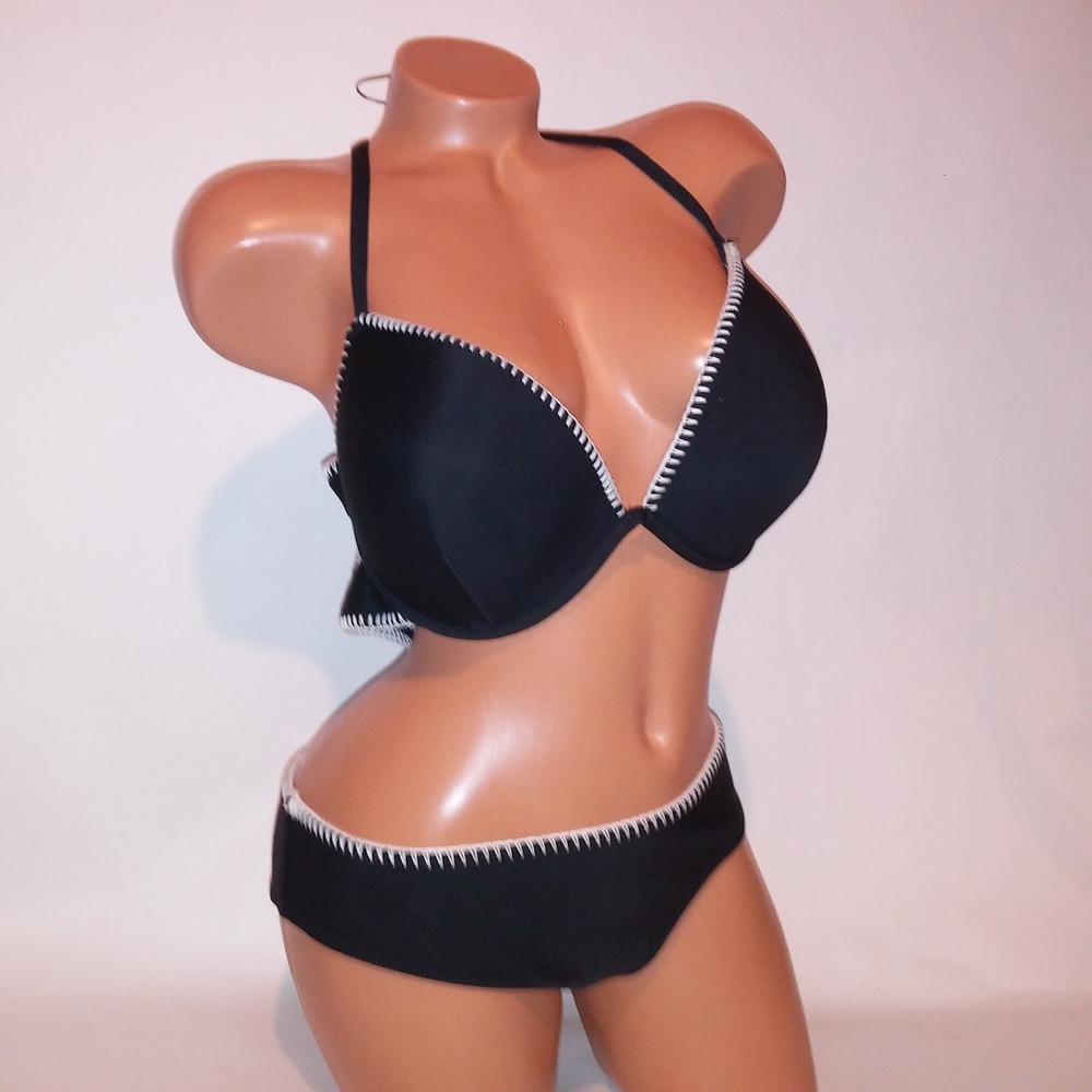 Victoria Secret Swim Bikini 36DD Top Medium Bottom Black Push Up Stitched